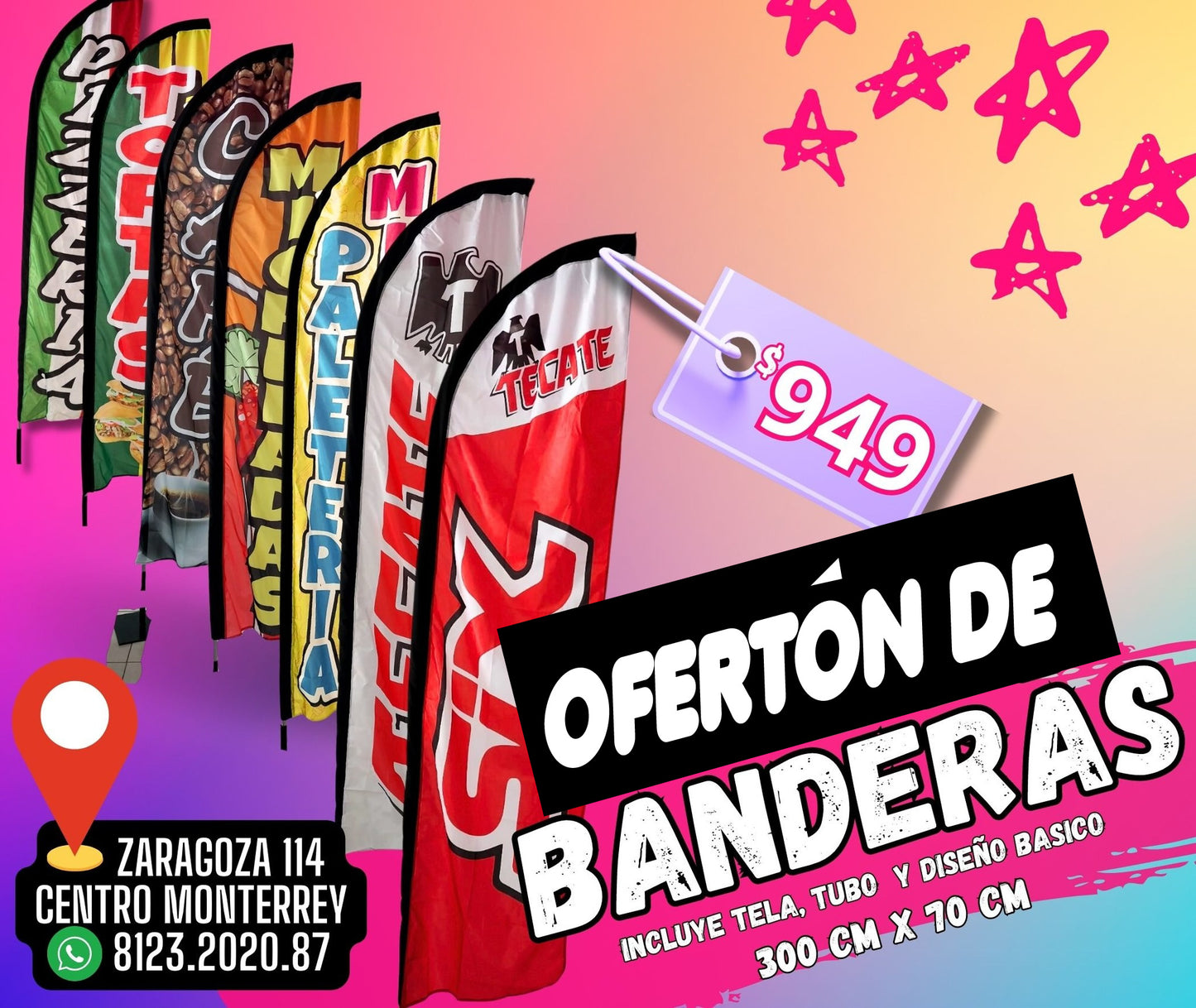 Bandera Publicitaria PERSONALIZADA de 300 cm x 75 cm - 2 Lados (Tela Solida)